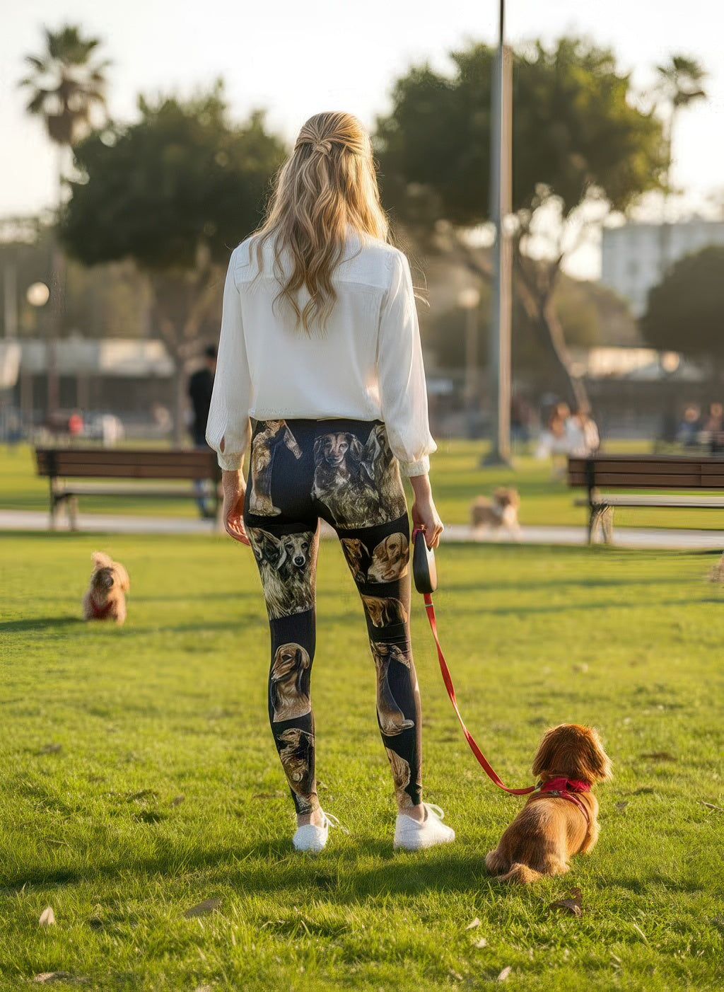 Model wearing Denimaxx Women’s Long-Haired Dachshund Print leggings with exclusive dog design
