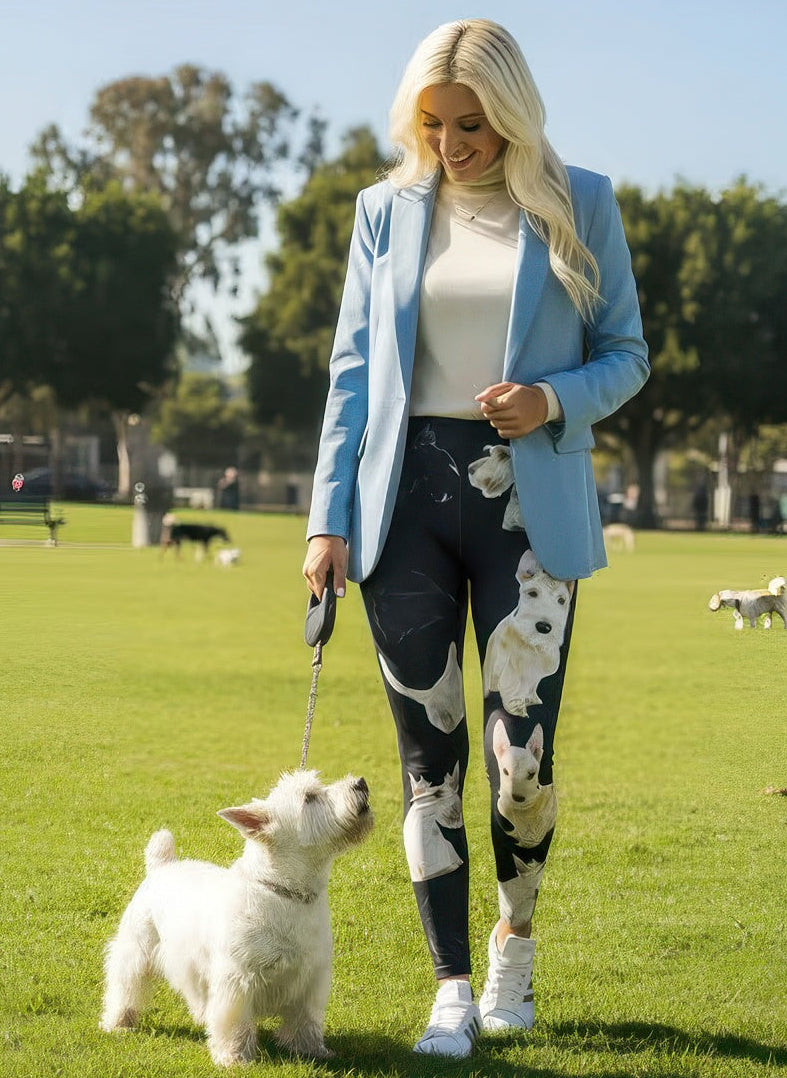 Denimaxx Women’s Scottish Terrier Print Adjustable High-Rise Leggings with detailed dog pattern and sleek fit.