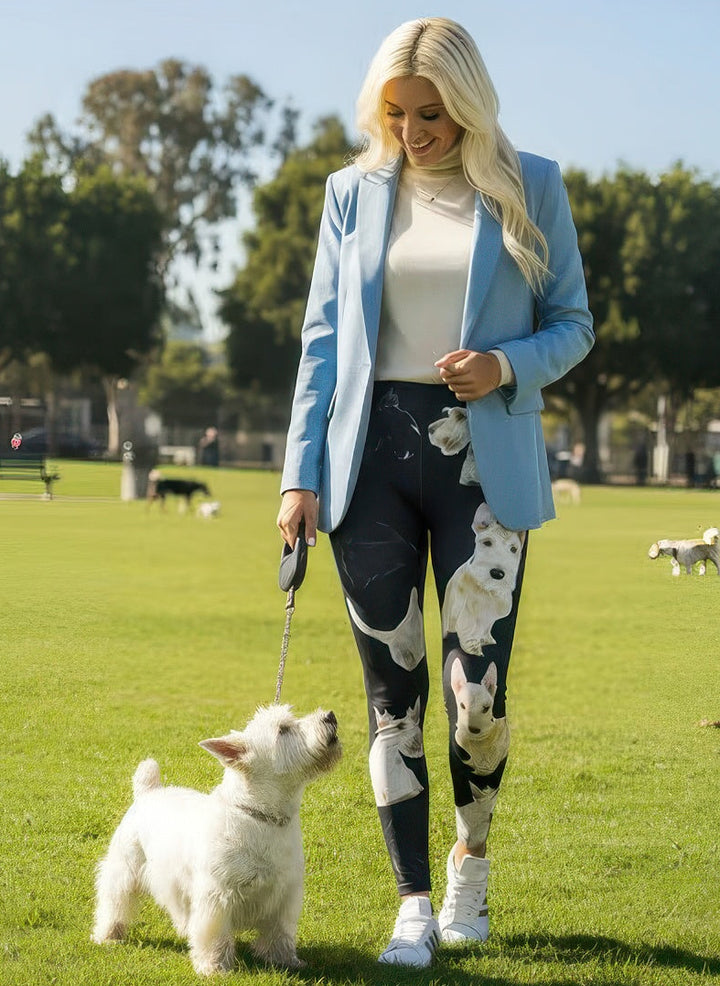 Denimaxx Women’s Scottish Terrier Print Adjustable High-Rise Leggings with detailed dog pattern and sleek fit.
