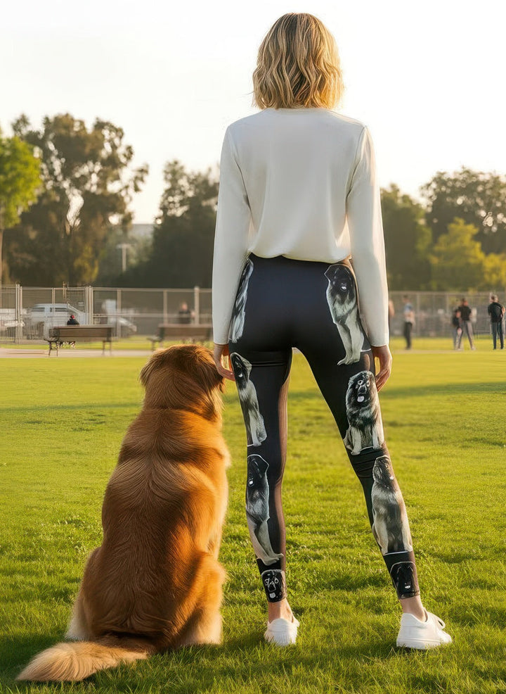 Model wearing Denimaxx Women’s Leonberger Print Adjustable High-Rise Leggings in relaxed lifestyle setting.