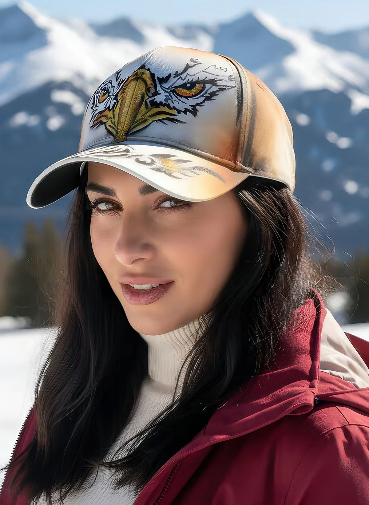 Woman wearing the hand painted eagle cap with a fierce eagle face design, snowy mountain backdrop.