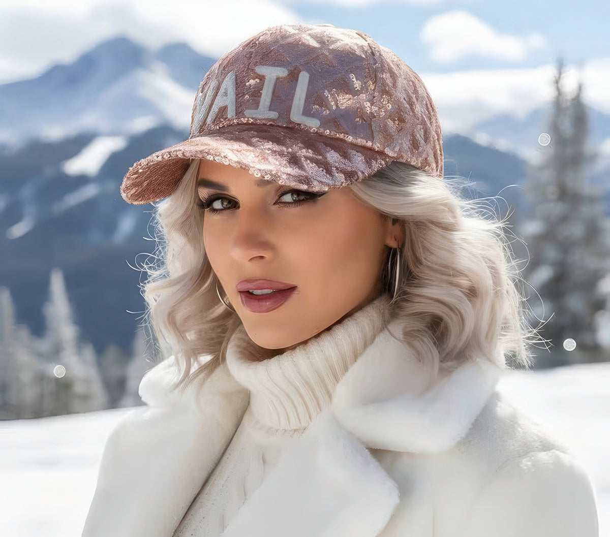 Woman wearing the Sequin Vail baseball cap with silver VAIL lettering on rose gold sequins, snowy mountains behind.