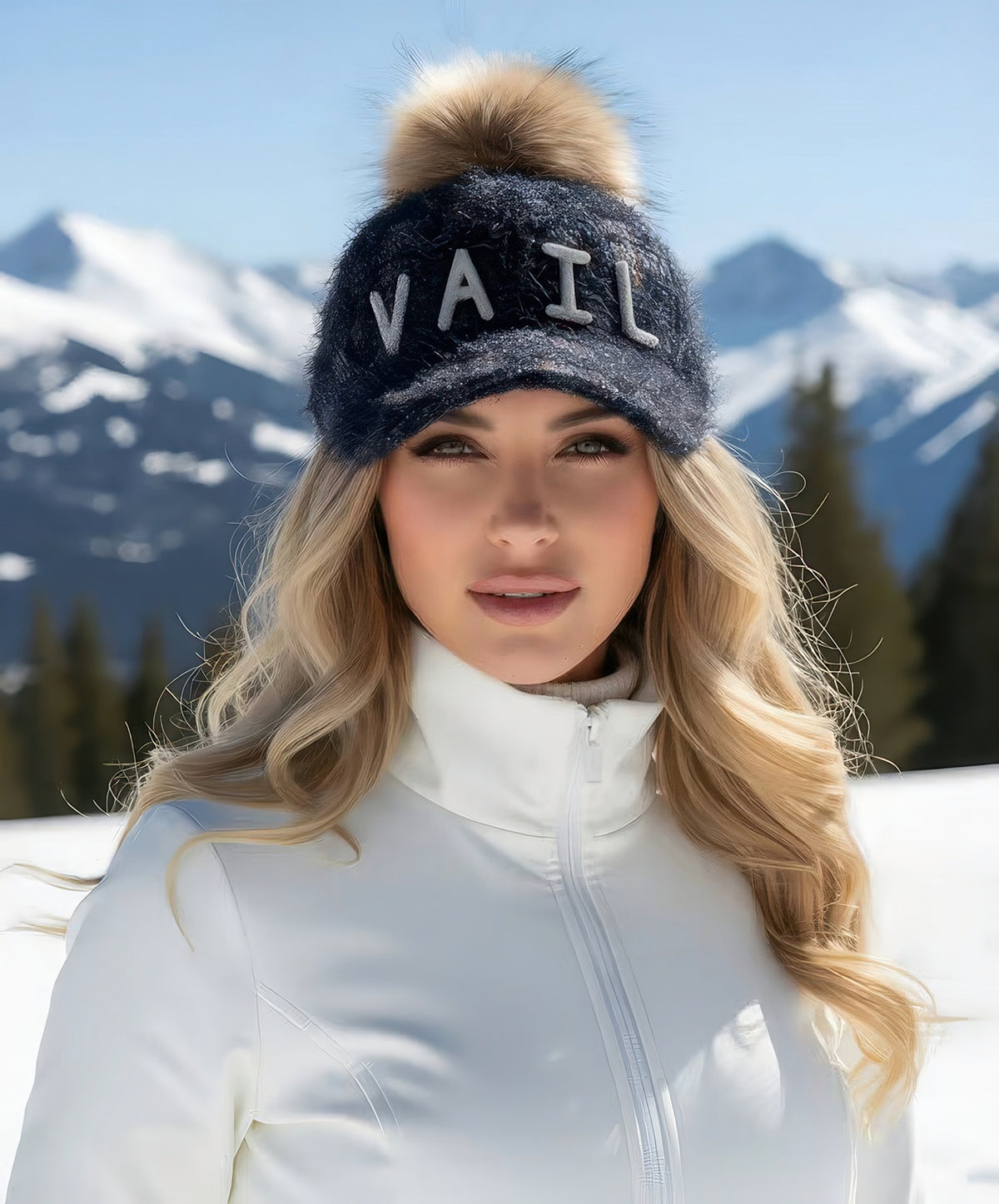 Woman wearing the Crystal Vail raccoon pom baseball cap in charcoal knit with crystal VAIL letters and fur pom.