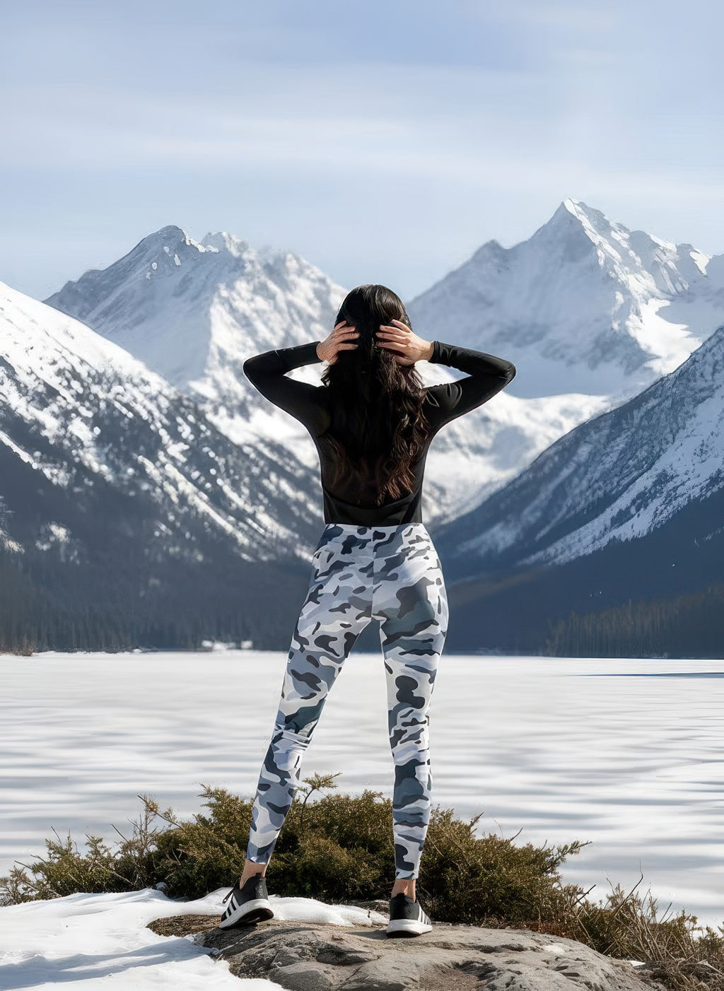 Back view of Denimaxx Gray Camo Adjustable High-Rise Leggings highlighting contour seams and squat-proof support.