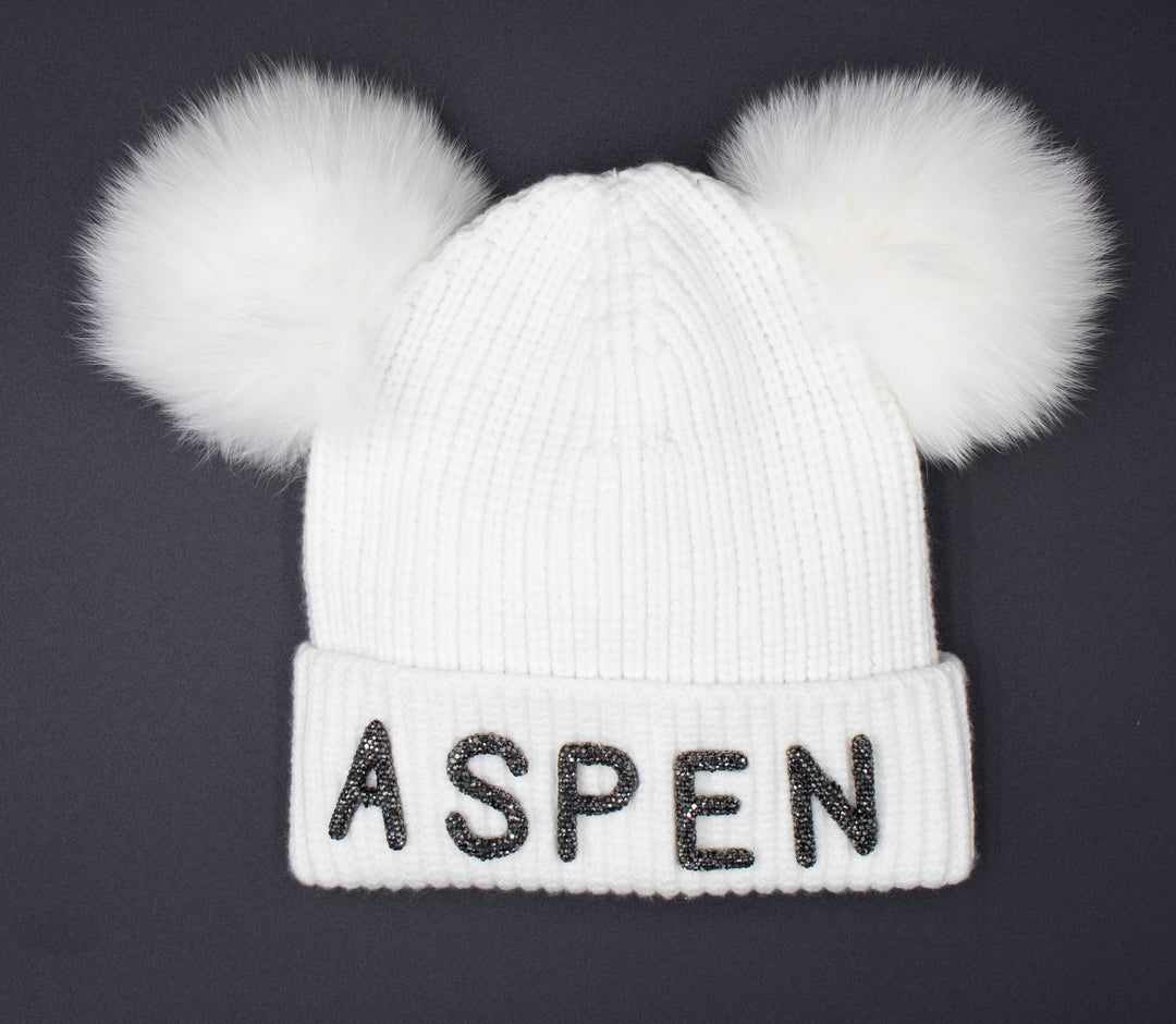 Crystal Aspen Knit Beanie With Double Poms