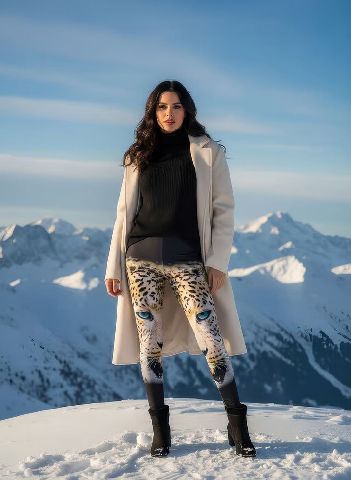 Side view of Denimaxx adjustable high-rise leggings featuring Green Eyed Leopard des