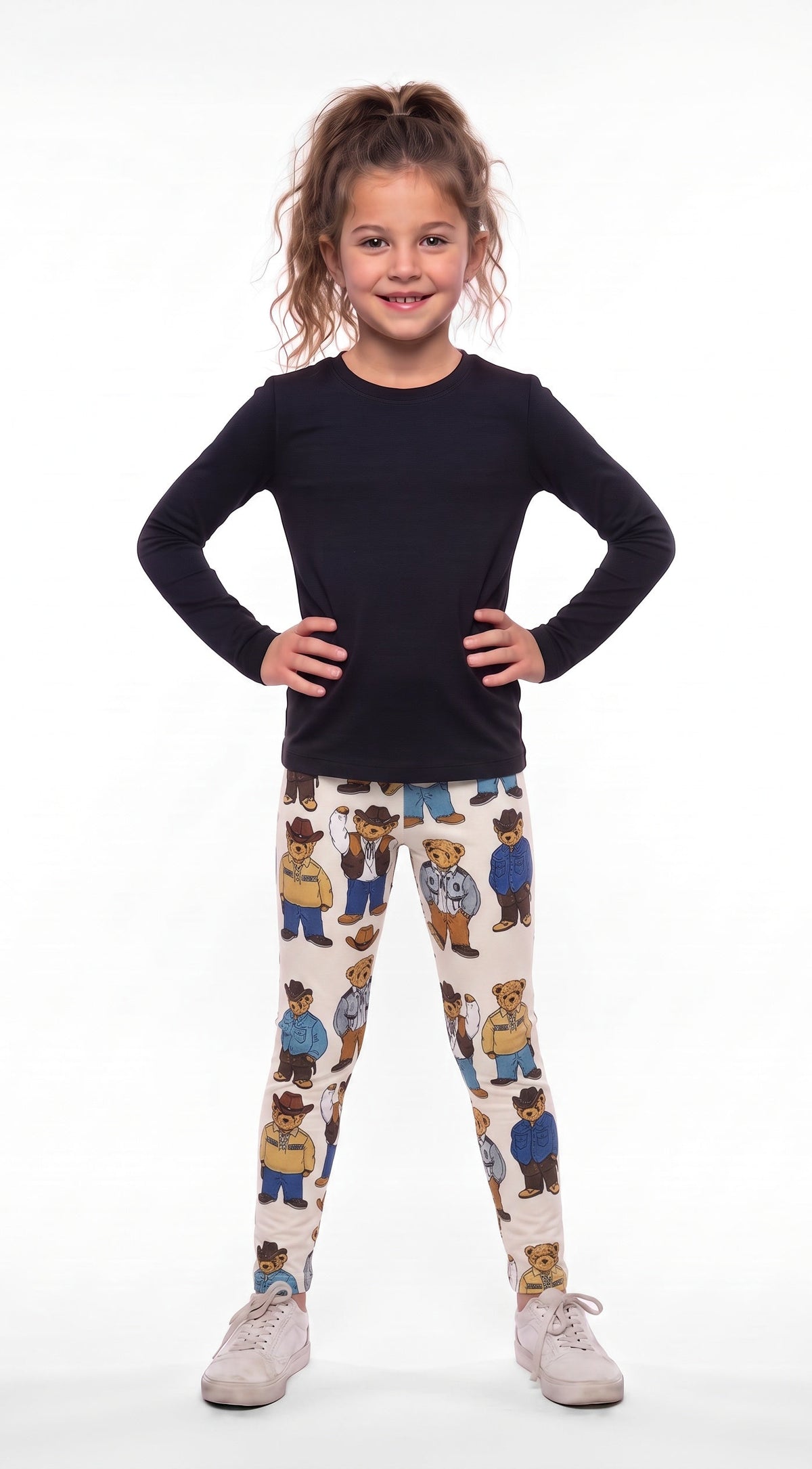 Cowboy teddy bear print kids leggings, allover bears in cowboy hats, shirts and jeans on cream, front view