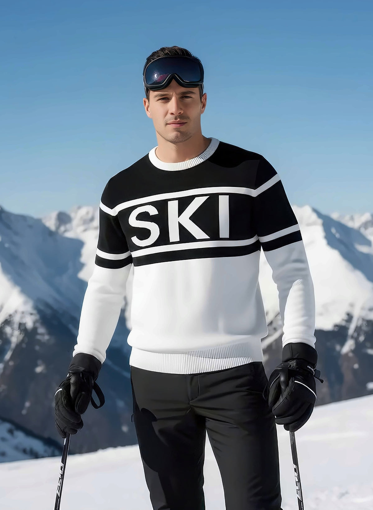 Man wearing the SKI intarsia crewneck sweater with white lettering on a black chest band, holding ski poles on snow.