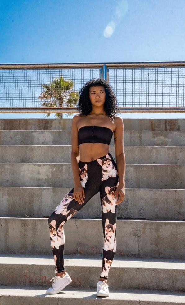 Model wearing Denimaxx Corgi leggings featuring exclusive design and soft sculpting stretch.