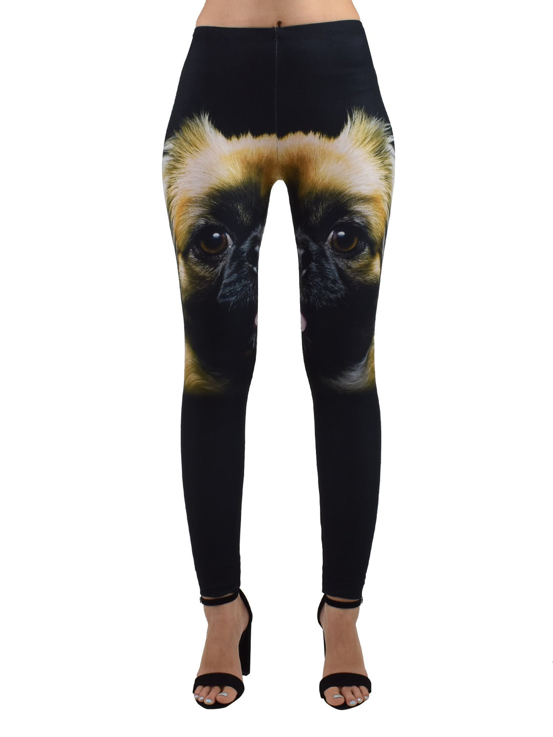Close-up of Denimaxx Women’s Pekingese leggings showing detailed long-coat print and adjustable waistband.
