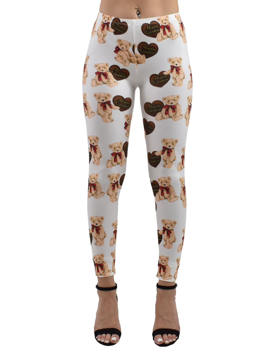Close-up of Denimaxx Valentine Chocolate Bears leggings showing heart and chocolate-themed details
