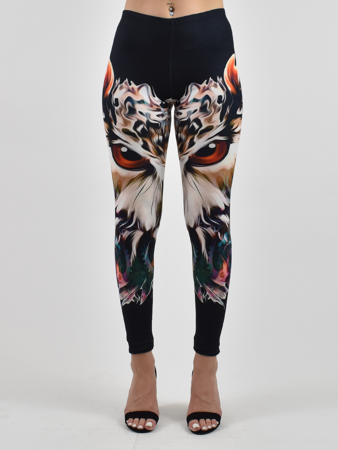 Close-up of Denimaxx Women’s King Owl leggings with detailed owl artwork and smooth texture.