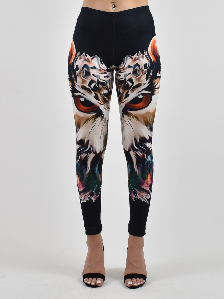 Close-up of Denimaxx Women’s King Owl leggings with detailed owl artwork and smooth texture.