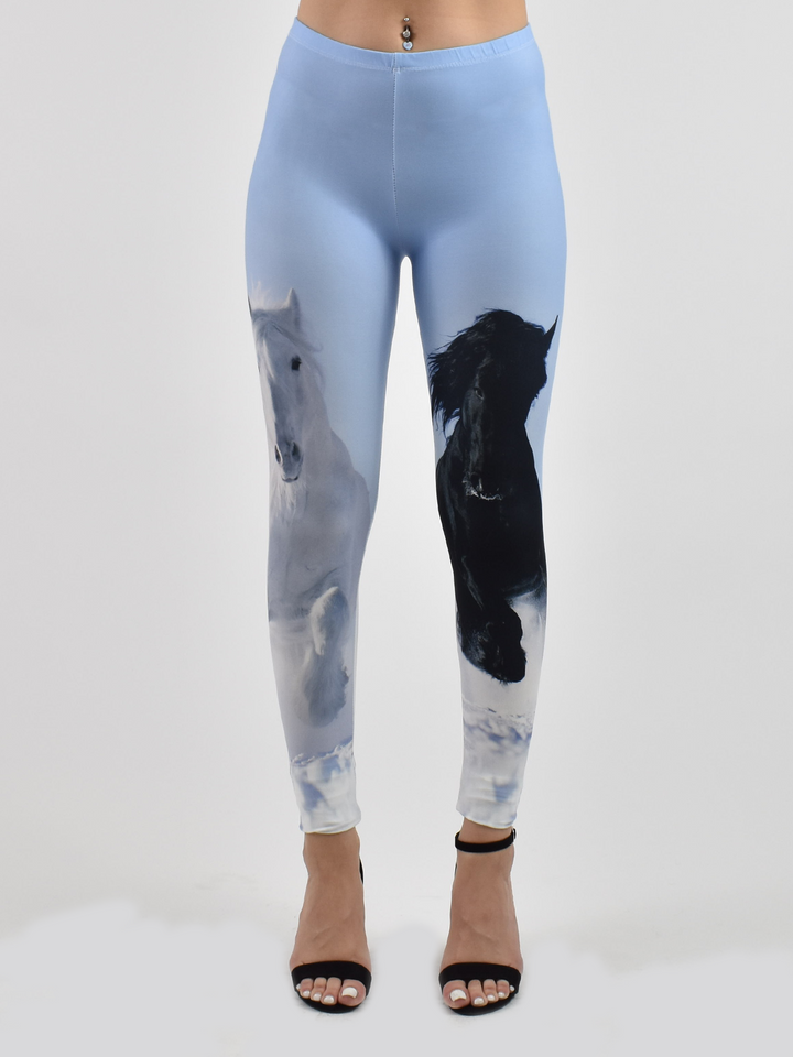 Close-up of Denimaxx Wild Horses pattern on Women’s fitted high-rise leggings.