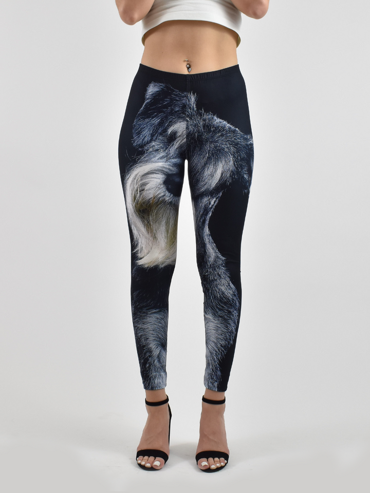Close-up of Denimaxx Miniature Schnauzer leggings highlighting soft performance fabric and lifelike Schnauzer details.