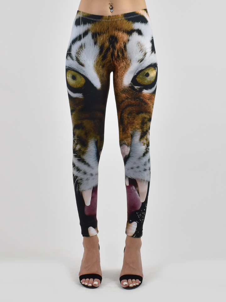 Close-up of tiger safari pattern on Denimaxx adjustable high-rise leggings.