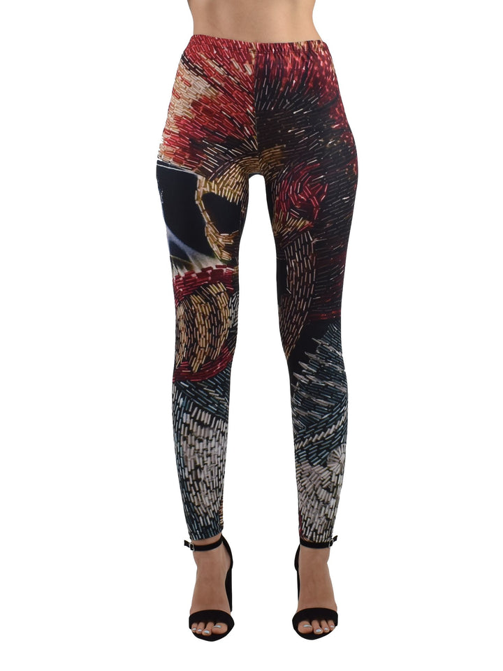 Close-up of Denimaxx skull mosaic leggings with vivid rocker-style patterns and smooth texture.