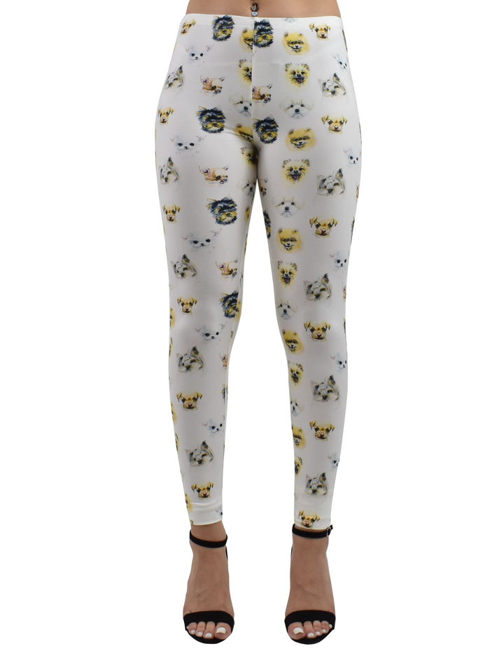 Close-up of Denimaxx Mixed Dog Breed yoga leggings showing smooth stretch fabric, fine seams, and vibrant canine print.