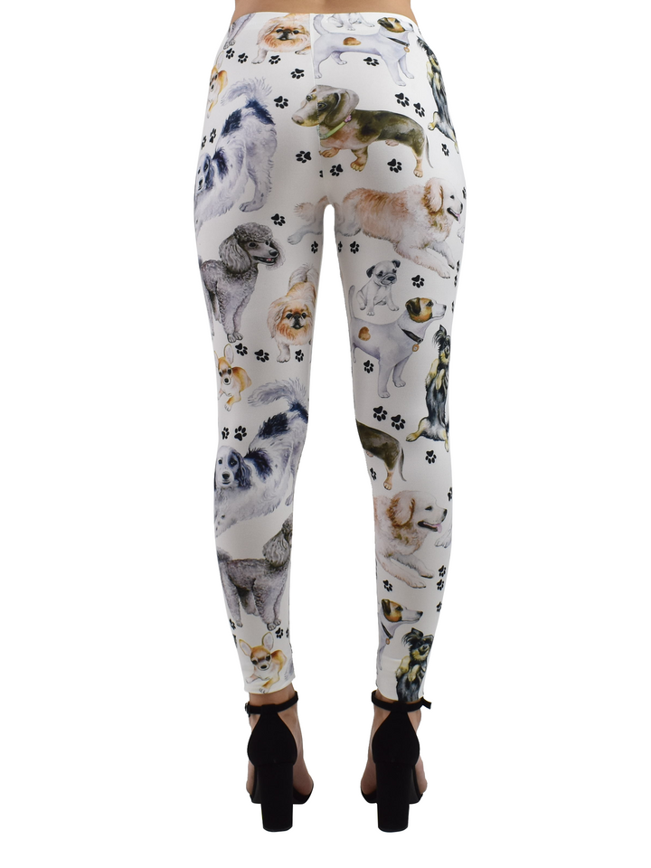 Back view of Denimaxx Women’s Puppy leggings highlighting sculpting high-rise fit and adorable dog pattern.