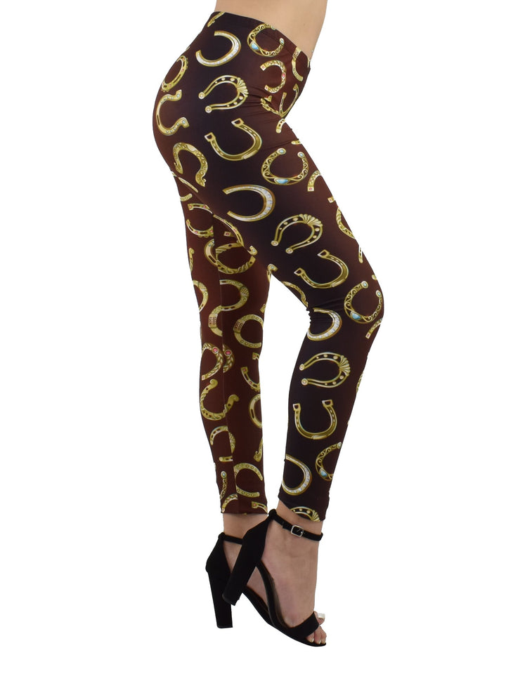 Close-up of Denimaxx Horseshoes leggings with shimmering print and smooth high-rise fit.