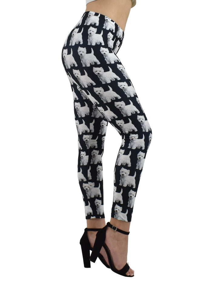 Close-up of Denimaxx Westie Print Leggings highlighting playful terrier details and soft material.