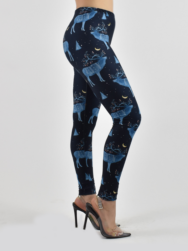 Side view of Denimaxx Women’s Reindeer Print High-Rise Leggings with cozy stretch fabric and seasonal reindeer design.