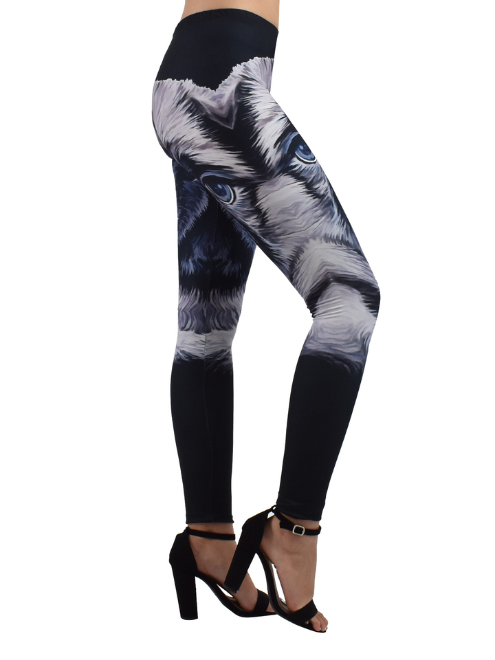 Back angle of Women’s Denimaxx pug print leggings showing soft contour and detailed pug design.