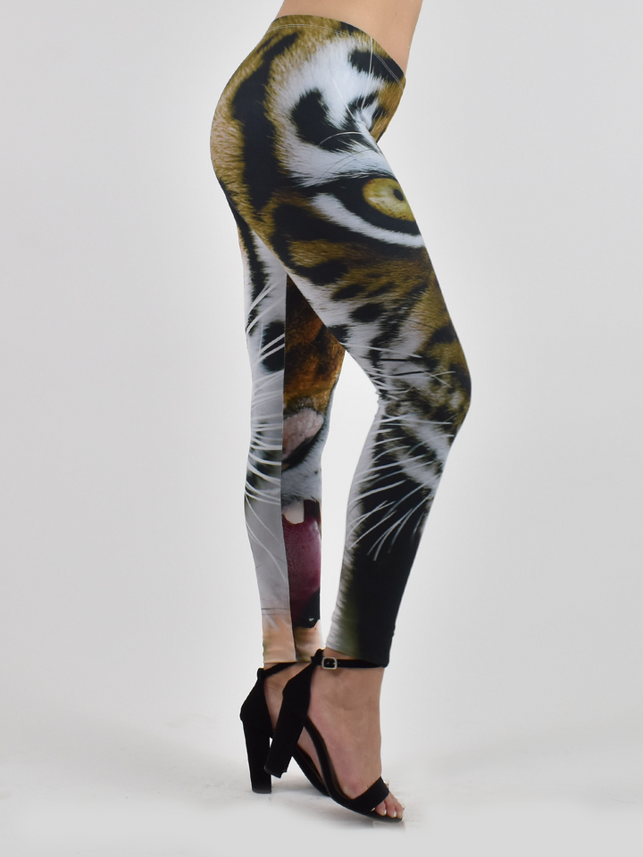 Side view of Denimaxx Women’s Furious Tiger leggings showing sleek fit and fabric detail.