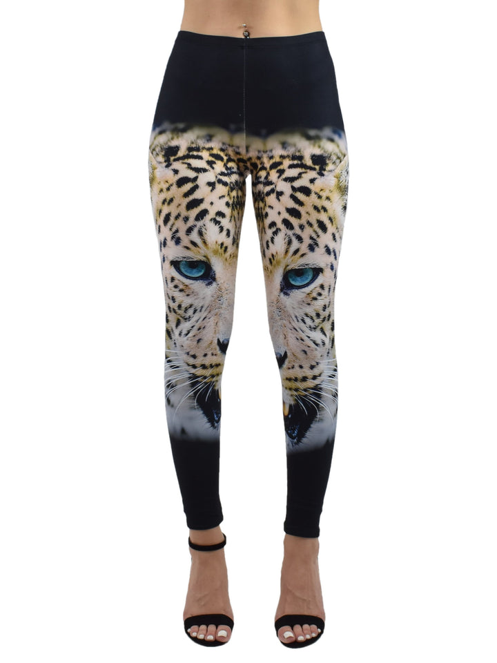 Close-up of Denimaxx Women’s Green Eyed Leopard leggings with detailed animal print and smooth texture.