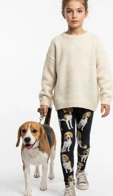Girl wearing beagle print girls leggings walking a beagle