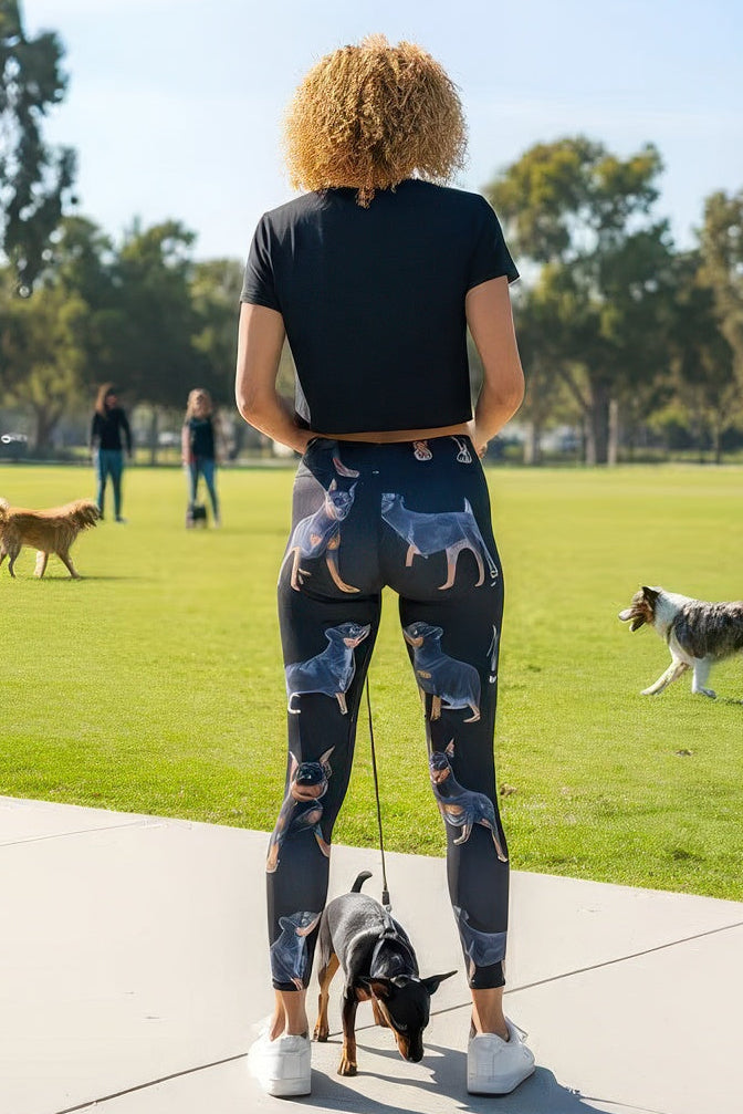 Denimaxx Women’s Miniature Pinscher leggings showing sculpting and flexible fabric