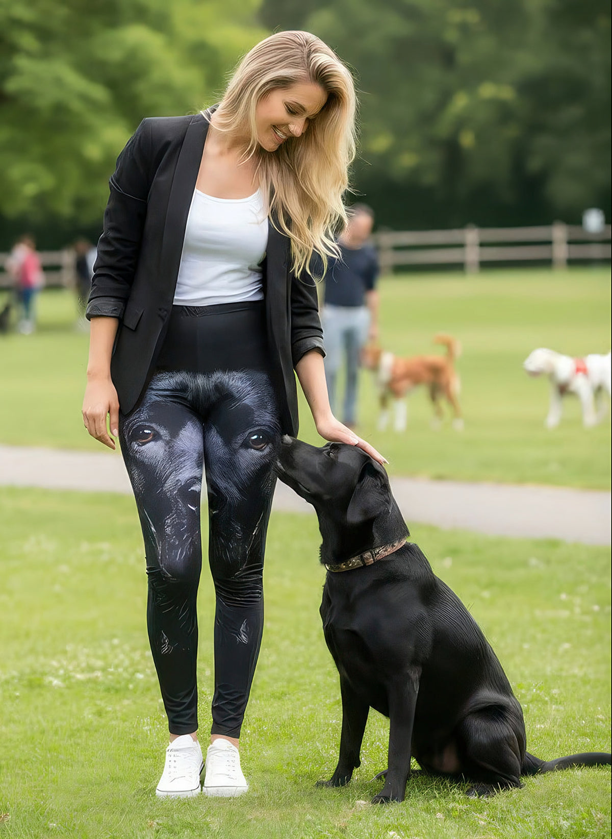 Woman in a black blazer petting a seated black Labrador in a park, wearing Black Lab print leggings with a lifelike Labrador face.