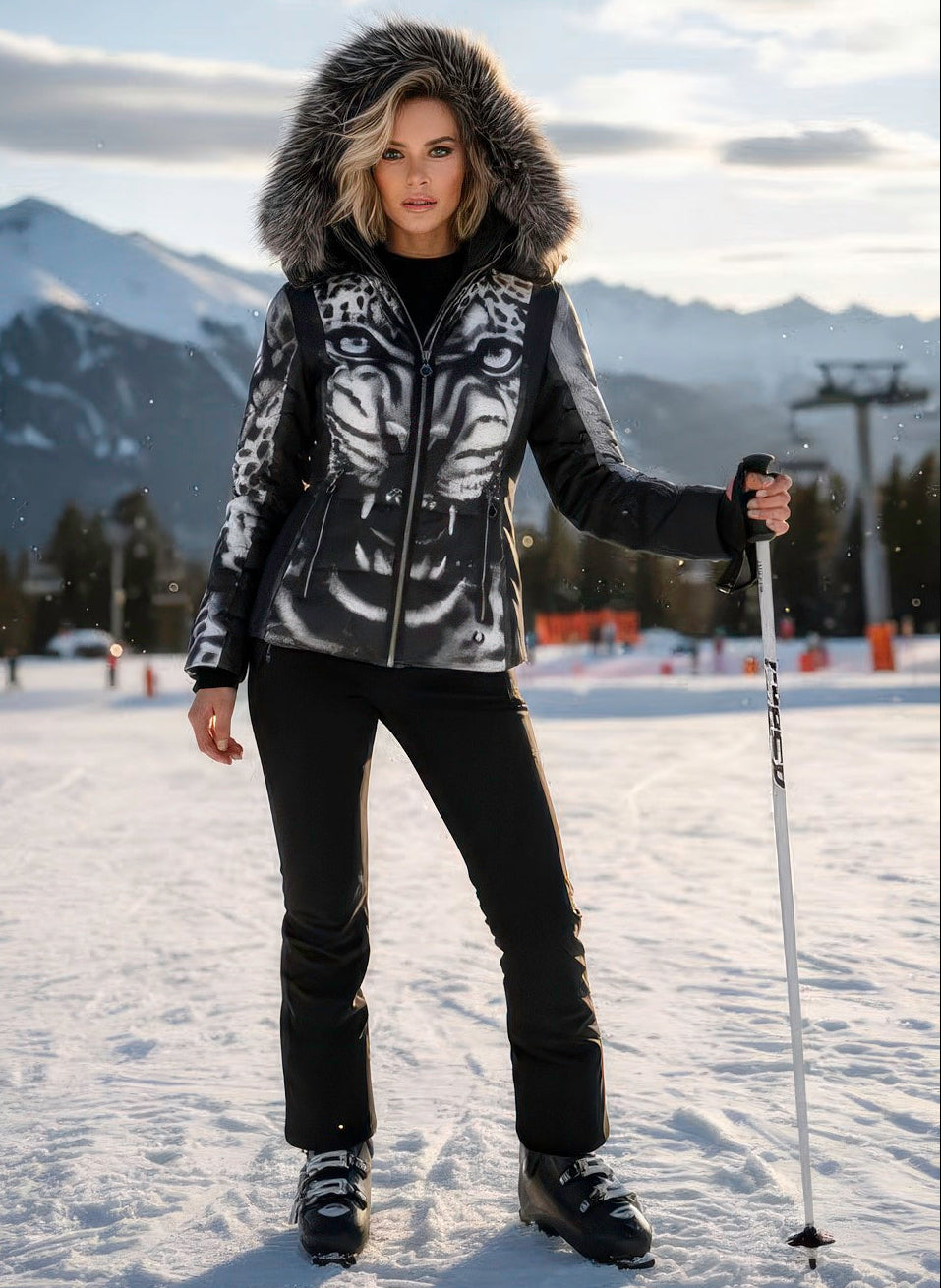 Sportalm women’s ski jacket with bold tiger-face print and fox-fur trim hood.

