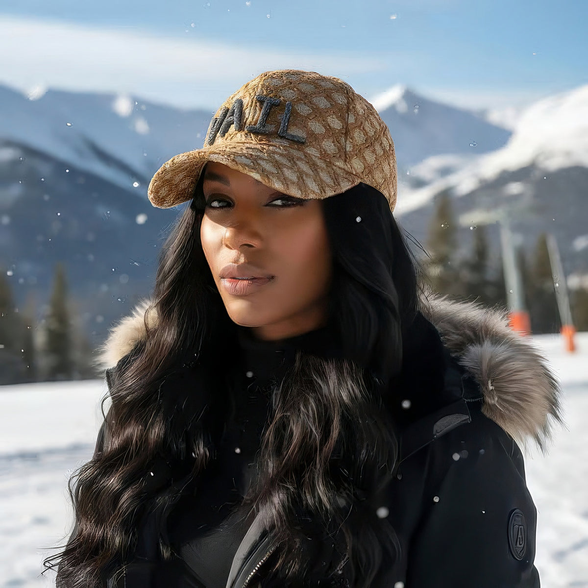 Woman modeling the Vail Crystal Sparkle baseball cap with dark crystal VAIL lettering on a tan woven cap.