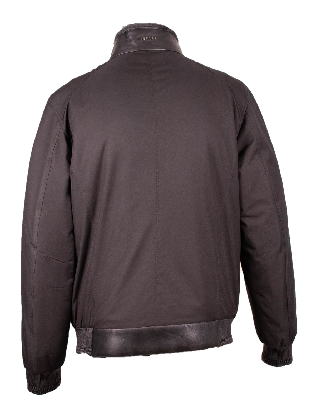 Back view of the black nylon shearling jacket with ribbed cuffs and contrast hem band.