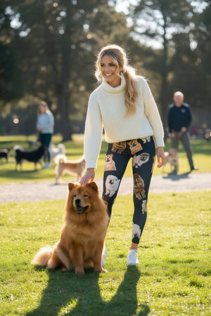 Smiling woman petting a real Chow Chow while wearing Chow Chow print leggings and a cream cable-knit sweater at a sunny dog park.