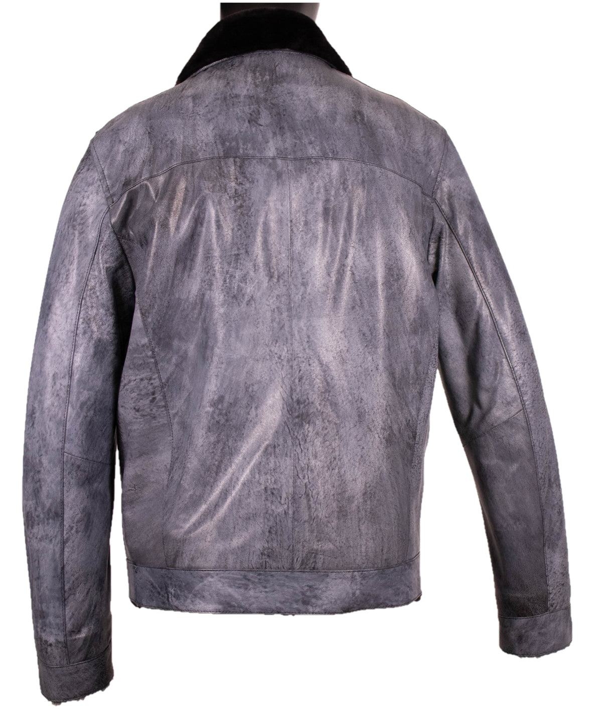 Back view of the gray distressed leather jacket with black shearling collar, studio product shot.