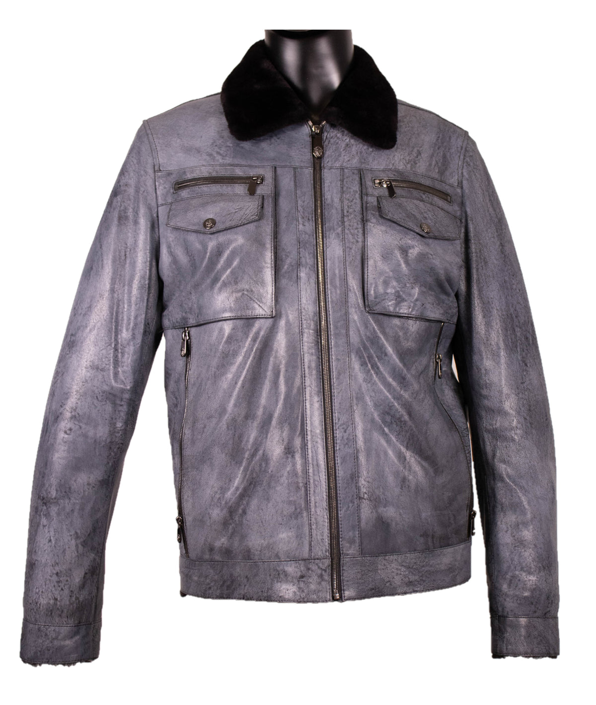 Gray distressed leather jacket with black shearling collar, front zip and zip chest pockets, shown on a plain background.