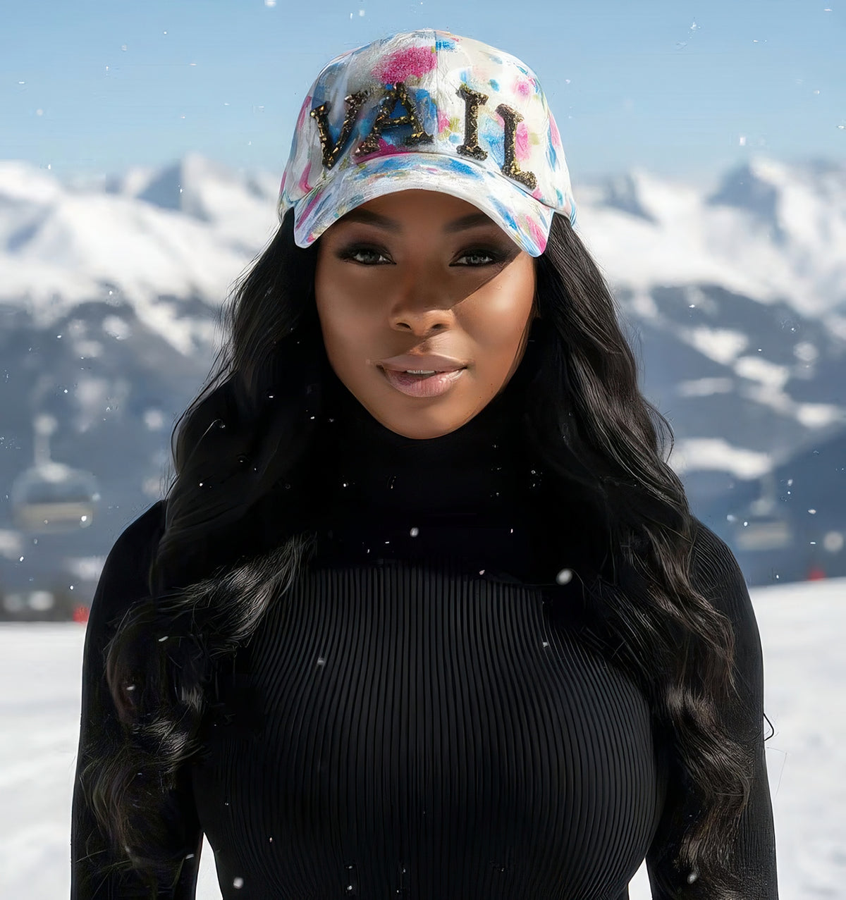 Woman wearing the Crystal Vail floral cap with crystal VAIL lettering, black turtleneck, falling snow and mountain peaks behind.