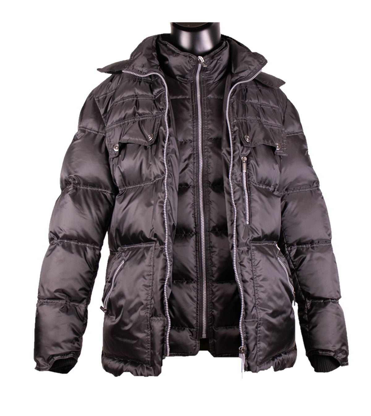 Front view of the black satin goose down jacket with quilted panels, flap chest pockets, and full zip front.