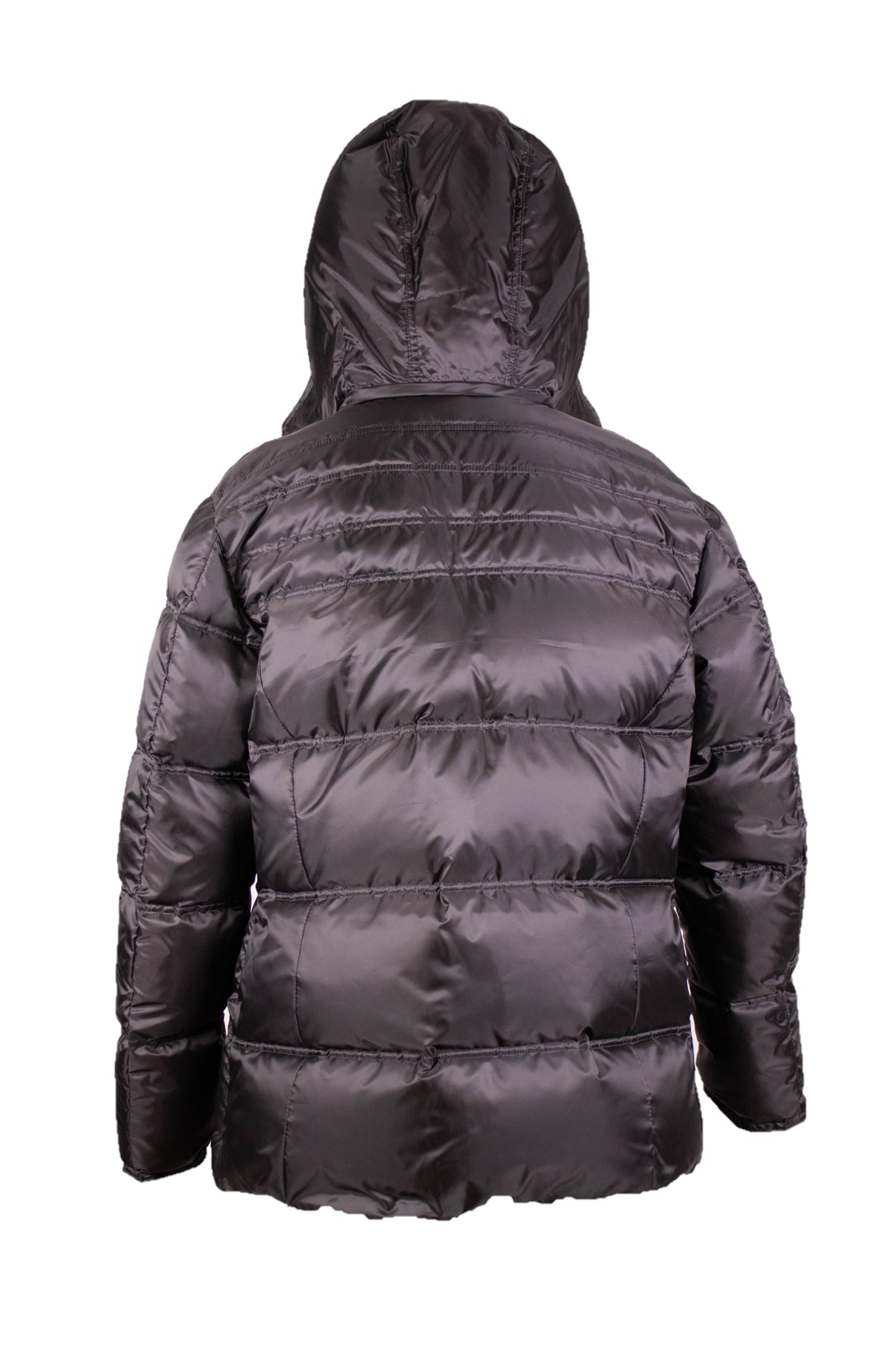 Back view of the black satin goose down jacket with raised hood and horizontal quilted panels.