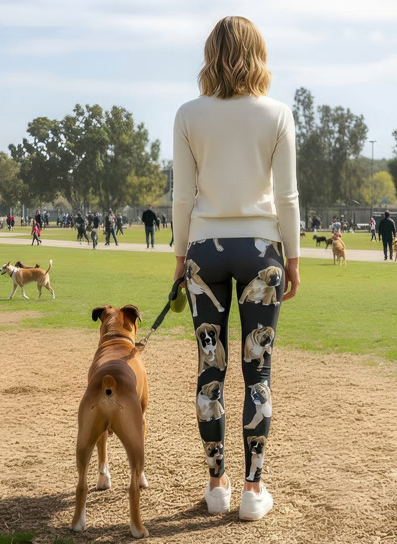 Model wearing Denimaxx Boxer Print leggings featuring exclusive dog design and sleek contour.
