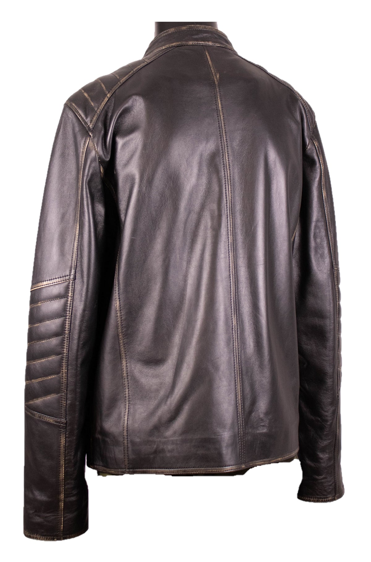 Back view of the dark brown timeless cut leather jacket with contrast seam stitching, product shot on white.
