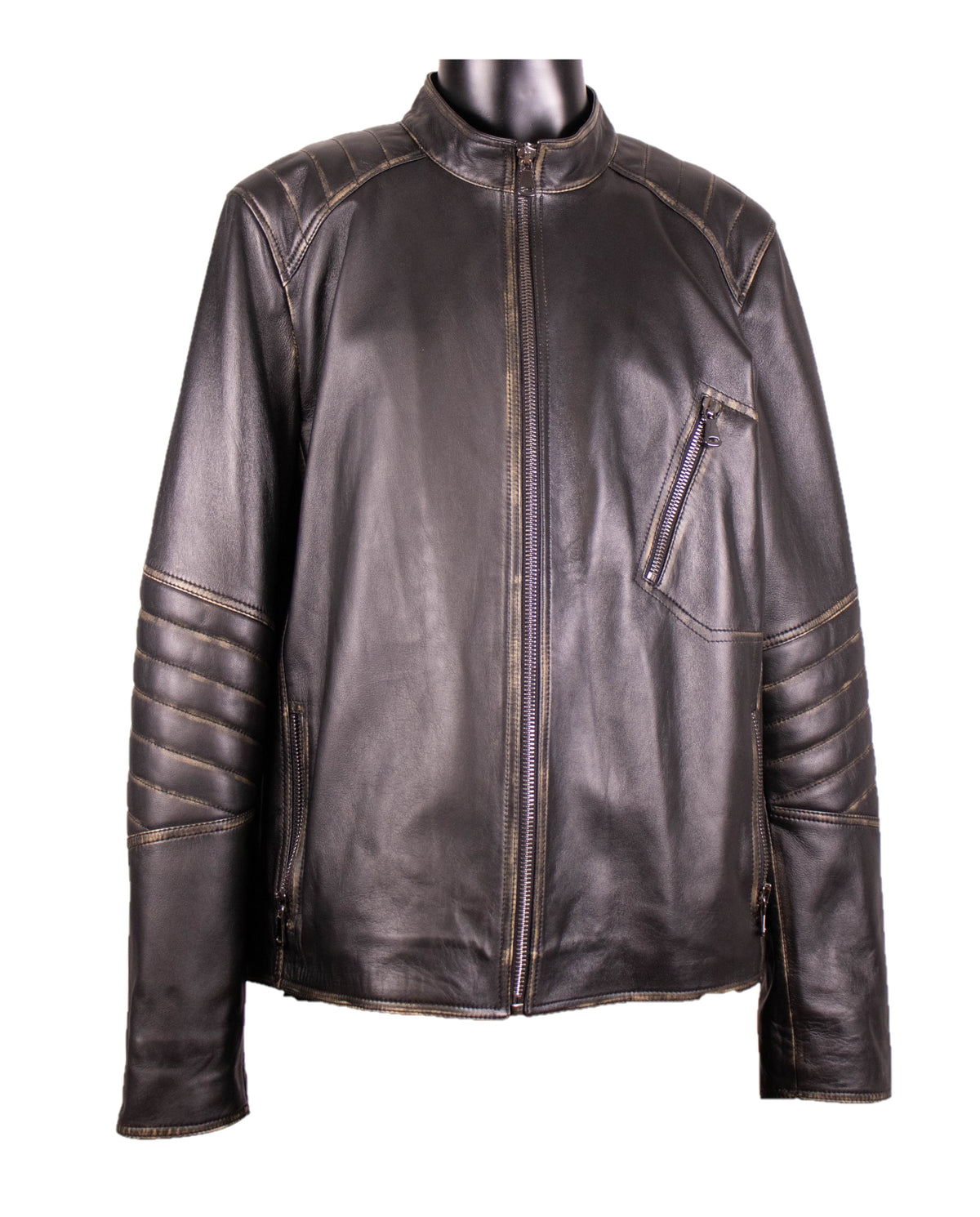 Dark brown timeless cut leather jacket with contrast stitching, zip chest pocket, and quilted shoulder panels, front view on white.