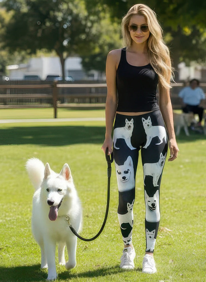 Denimaxx Women’s White Swiss Shepherd Print Adjustable High-Rise Leggings with elegant dog design and contour fit.