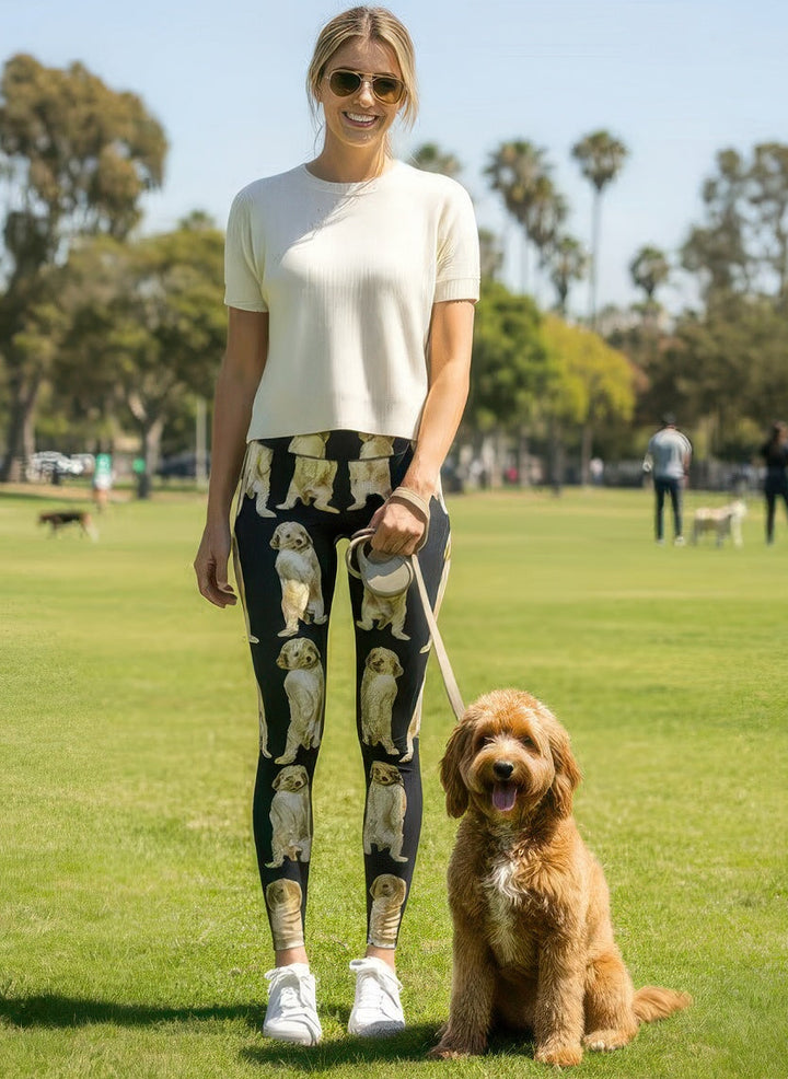 Women’s adjustable high-rise leggings featuring Miniature Goldendoodle print by Denimaxx.