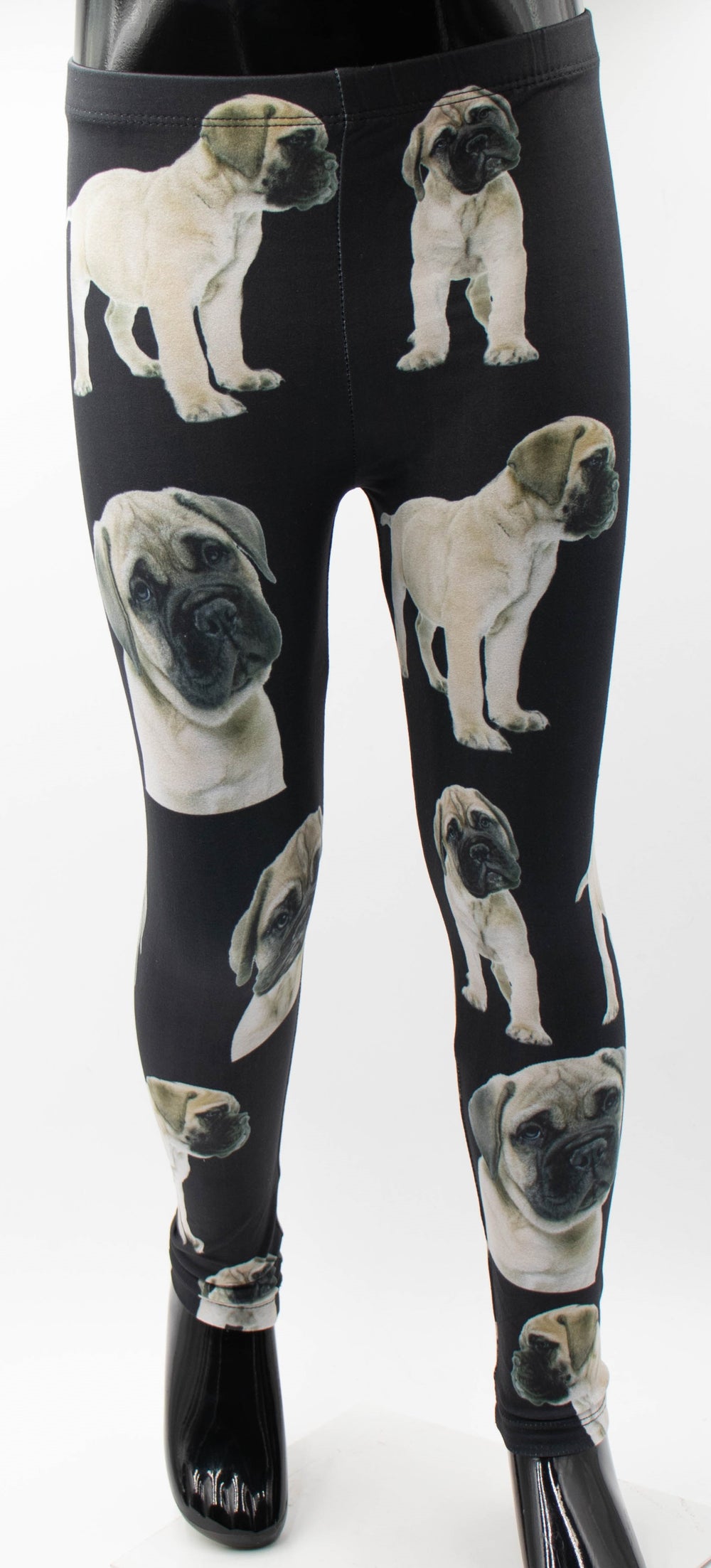 Denimaxx kids Bull Mastiff print leggings with fawn Bull Mastiff puppy photos on black fabric, shown on a mannequin.