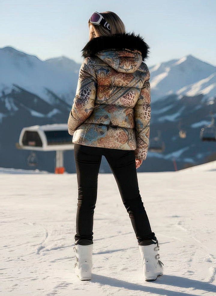 Women’s satin goose down coat with fox-trim hood, made in Italy for winter elegance.

