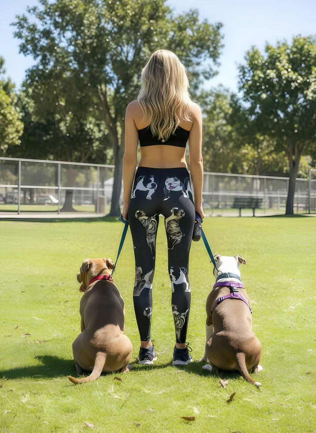 Back view of Denimaxx Women’s Bully leggings with bold pit bull print and form-flattering high-rise support.