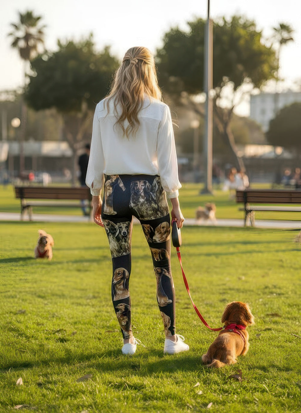 Model wearing Denimaxx Women’s Long-Haired Dachshund Print leggings with exclusive dog design